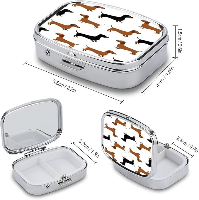 2 Compartment Square Pill Box Portable Metal Travel Pill Organizer | Dachshund Weiner Pet Dogs Pill Case to Hold Vitamins, Medication, Fish Oil and Supplements, Ideal for Purse & Pocket