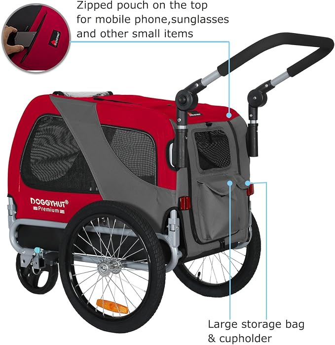 DOGGYHUT® Premium Medium Pet Bike Trailer & Stroller Up to 50 lbs (Red) | Bicycle Trailer for Small or Medium Dogs, Dog Bicycle Carrier, Low Center of Gravity, Folding Frame Cart