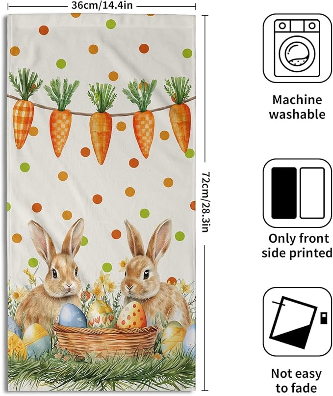 Giwawa Easter Bunny Hand Towels Eggs Carrot Dish Washing Cloth Set of 2 Soft Absorbent Fingertip Face Tea Towel for Kitchen Bathroom Holiday Decor