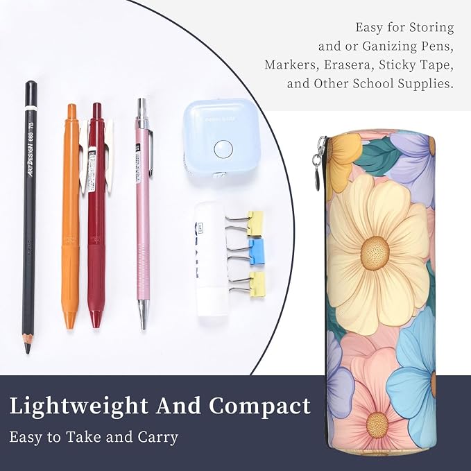 OSAM SPACE Leather Pencil Case Round Pencil Bag Flowers Boho Colorful Pen Organizer Holder Portable Zipper Pouch Cute School Supplies for Girls Boys Study Office