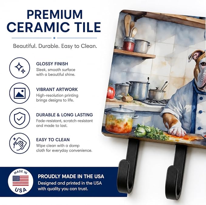 Caroline's Treasures American Bulldog The Chef Leash or Key Holder Wall Hooks, Key Hooks Holder, Coat Rack Wall Mount, Coat Hooks, Hooks for Hanging Keys, Towels, Aprons, Leashes | American Bulldog The Chef artwork on ceramic tile with three steel hook...
