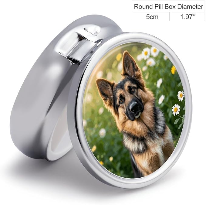 Pill Box 3-Compartment Portable Pill Case Cute Pet German Shepherd Dog Round Metal Medication Organizer Small Weekly Medication Case with Mirror Stylish Vitamin Holder for Purse Pocket Travel