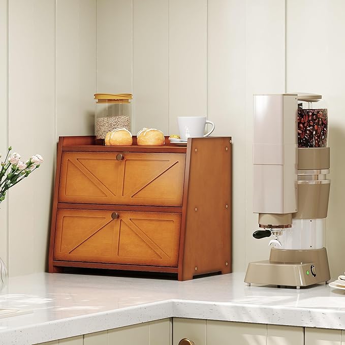 Trironsun Vintage Double Layer Bread Box for Kitchen Counter Bamboo Bread Storage Container Large Capacity Bread Storage Bin