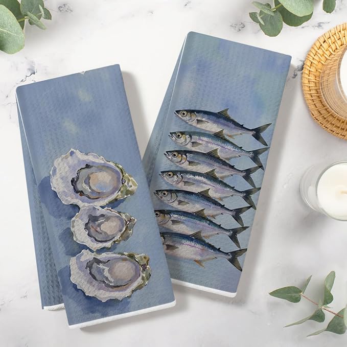 2PCS Vintage Sardines Oyster Kitchen Towels 14x24 Inch, Microfiber Decorative Dish Cloth Tea Towel, Sardines Waffle Hand Towels for Home Farmhouse Kitchen Bathroom, Housewarming Gifts for Women Men