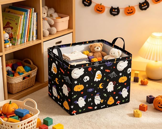 Rectangular Halloween Basket for Boys and Girls Kids Trick or Treat Pumpkin Basket for Halloween Parties Cute Storage Bin Organizer Box Room Decor(Black Halloweens)