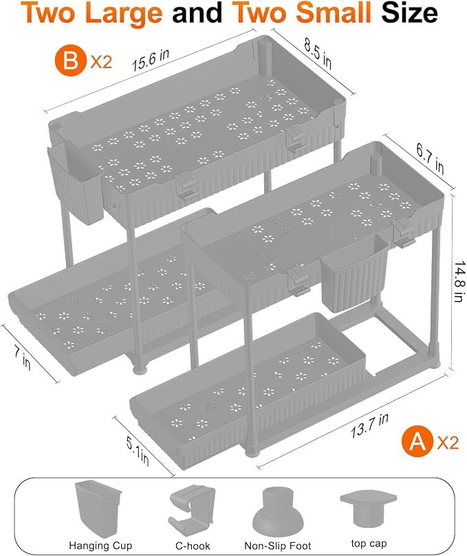 4-Pack 2-Tier Under Sink Organizer with Pull Out Drawers | Multi-use kitchen & bathroom storage. Includes hanging hooks and cups. Gray, space-saving cabinet design. 14.8 Inch