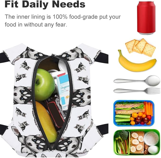 Insulated Lunch Bag with Smooth Zipper, Husky Dog Printing | Novelty, Lightweight Handheld Cooler Tote, Leakproof Snack Bags, for Work Picnics Climbing