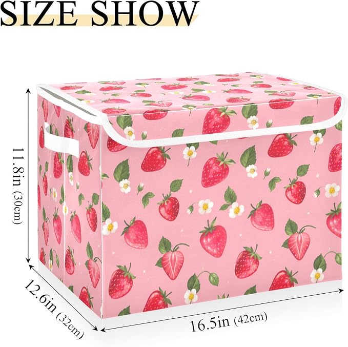 Storage Bins with Lid Strawberry Daisy Foldable Storage Boxes 40L Baskets | Decorative Storage Boxes, 300D Oxford Cloth, Hollow Board Frame, Flip Top Velcro Lid, 16.5x12.6x11.8 inch, Collapsible Design