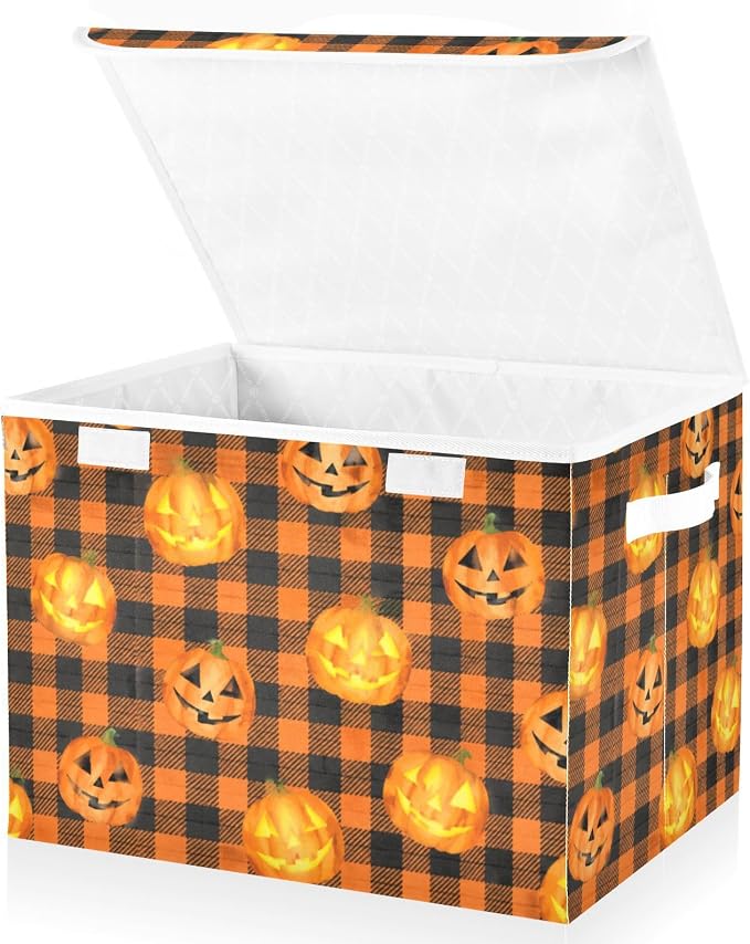Storage Bins with Lid Halloween Pumpkin Foldable Storage Boxes 40L Baskets | Decorative Storage Boxes, 300D Oxford Cloth, Hollow Board Frame, Flip Top Velcro Lid, 16.5x12.6x11.8 inch, Collapsible Design