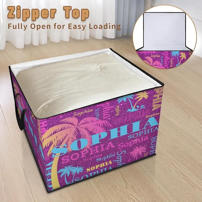 Custom Storage Baskets Cubes with Name, Dark Magenta Purple Pink Yellow Blue Tropical Palm Trees Large Foldable Organizer Collapsible Storage Bins for Home Blanket Comforters Clothes Closet Nursery