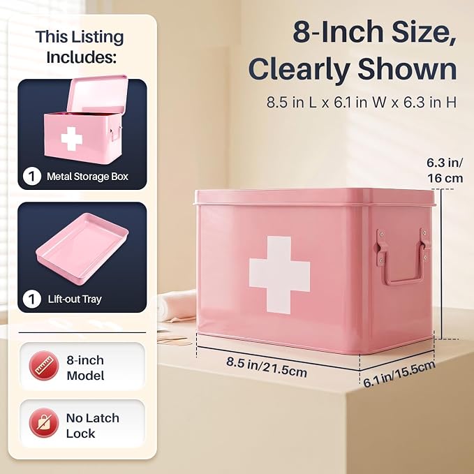 Flexzion Large Metal First Aid Box Empty, 8.5-Inch, Pink with White Cross | Vintage Medicine Box and First Aid Storage Organizer with Removable Tray and Dividers; Empty Box Only, Supplies Not Included