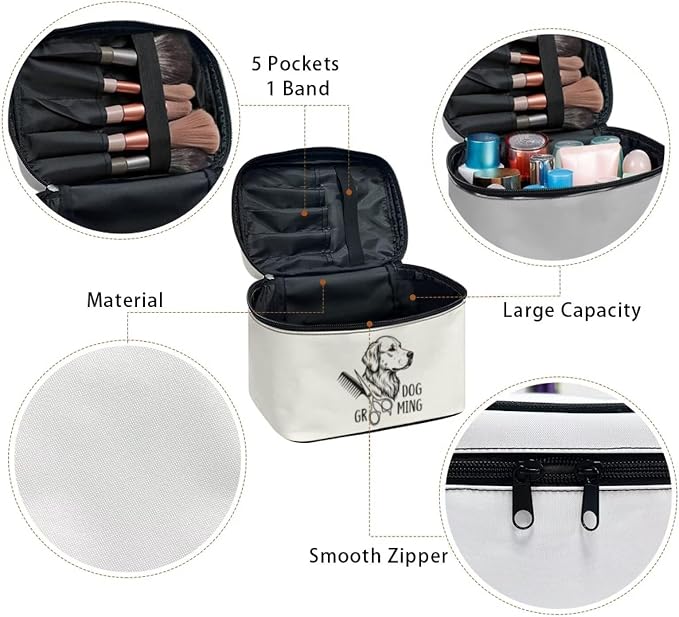 White Cosmetic Bag for Women Cute Dog Large Capacity Travel Makeup Bag Casual Make Up Case Organizer with Handle, Toiletries Accessories Brushes