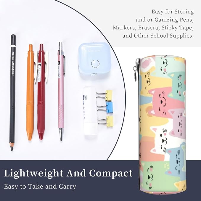 OSAM SPACE Leather Pencil Case Round Pencil Bag Cute Cats Pet Pen Organizer Holder Portable Zipper Pouch Cute School Supplies for Girls Boys Study Office