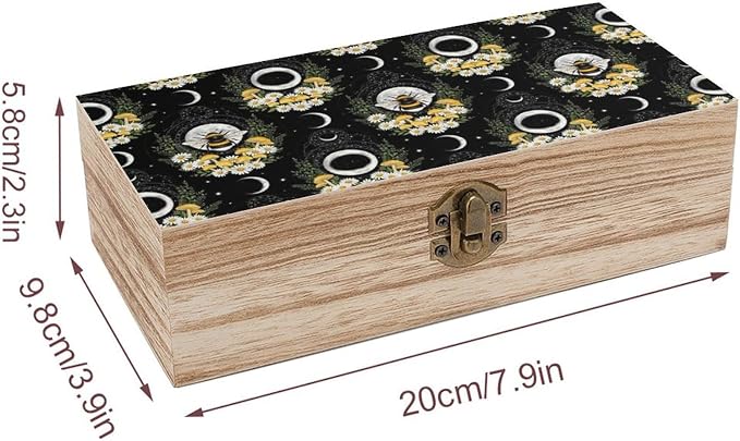 Wooden Storage Boxes Decorative Keepsake Organizer with Lid, Witchy Gothic | Moon Mushroom Floral Bee Memory Box for Picture Letters, Holiday Party Decoration, 9.2x5.5x3.9 Inch