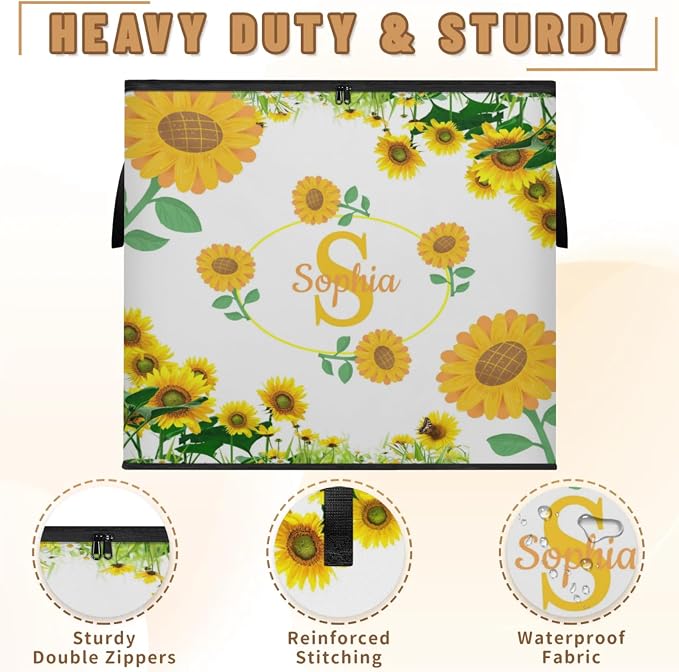 Personalized Extra Storage Bins with Lid, Customized Name Initial Letter Jumbo Storage Basket Rectangle Clothes Organizer for Organizing Kids and Pets Toys Shelf Closet, Summer Sunflowers