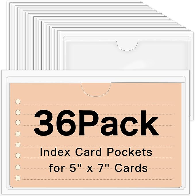 36 Pack Adhesive Index Card Pockets 5 x 7, Clear Top-Loading Holders | Clear Pvc, Removable Adhesive, Fits Bins/Shelves/Totes, Protects Cards From Dust And Fingerprints