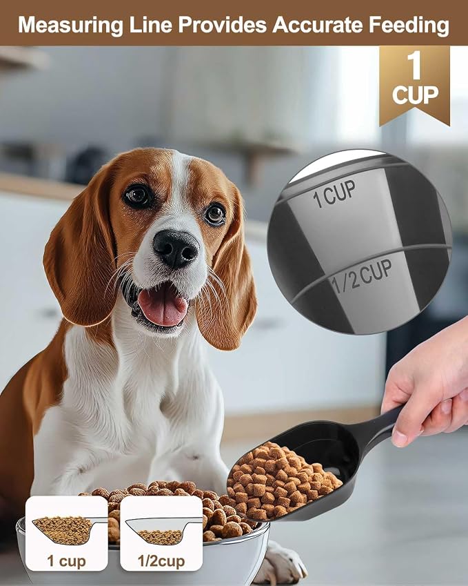 2 PACK Dog Food Scoop,1 Cup Capacity Pet Food Scoop For Dog and Cat | Black and Pink,Clear Markings for Precise Measuring 1/2 and 1 Cup Lines,Dishwasher Safe,Plastic,Portable and Sturdy