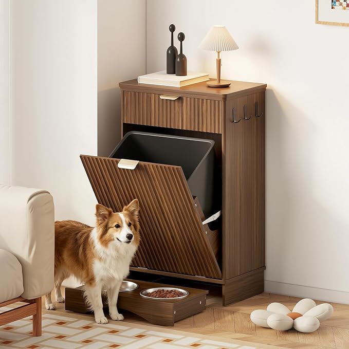 Dog Food Storage Cabinet, Pet Feeding Station with 2 Hidden Bowls, Walnut