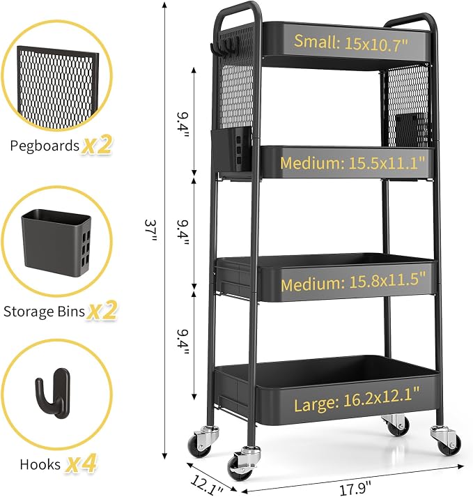 TOOLF 4 Tier Rolling Cart, Metal Utility Storage Cart with Pegboard, Black | 2 Bins & 4 Hooks, Screwless Assembly, Lockable Wheels, Trolley Organizer for Bathroom, Kitchen, Office, Dorm, Craft Room