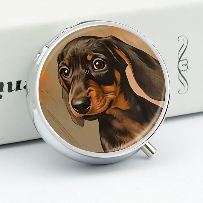 Dachshund Puppy Metal Pill Organizer with Mirror, 3-Compartment Travel Pill Box, 2-Inch Round Pocket Medicine Case with Secure Latch, Portable Vitamin Holder for Women & Men