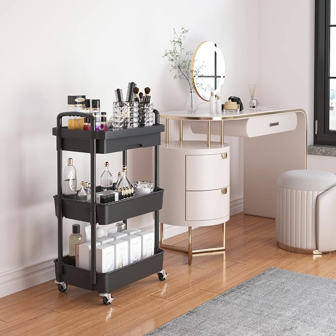 Calmootey 3-Tier Utility Cart with Drawer & Wheels, Storage for Home,Office | Space-Saving Organizer, Sturdy Plastic Shelves, Smooth-Rolling Metal Wheels, Built-in Drawer for Small Items, Black