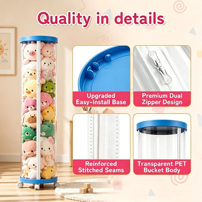 rge Stuffed Animal Storage Tube with Wheels, Tall Toy Organizer with Double Zipper, WhiteClear PET Cylinder Container for Plush Toy Organization, Space Saving Kids Room Storage,Blue