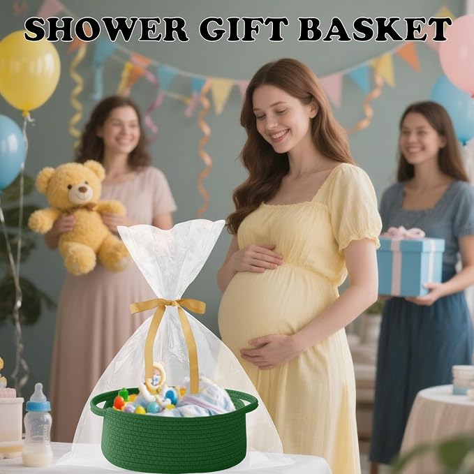 Woven Rope Basket - Baby Gift Basket with Bag & Ribbon, Green | Cotton rope with handle, 12 x 8 x 5 in, gift bag and ribbon, for baby shower, birthday, toy storage, nursery, shelf decor
