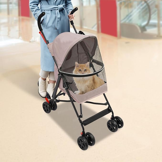 4 Wheels Pet Stroller with Waterproof Cover | Easy-Fold Travel Carrier | Pet Strolling Cart for Small/Medium Dogs and Cat | with Storage Pocket, Cup Holder & Breathable Mesh | for All-Season (Pink)