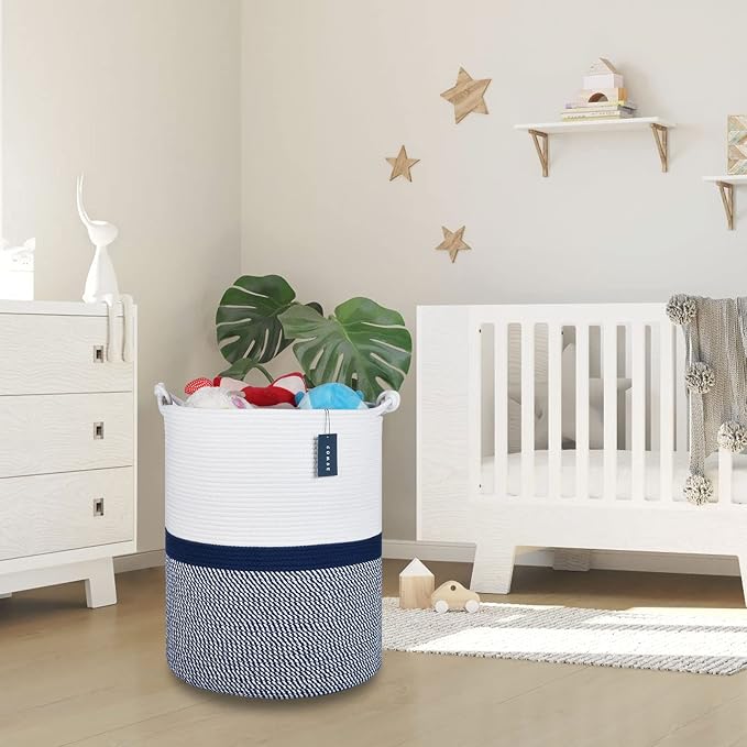 COMSE Tall Woven Blanket & Laundry Basket, 72L, Blend White & Navy Blue | 15.7”x 21.7”, Cotton Rope, Large Nursery Hamper for Storage of Toys Clothes Towels, Great for Living Rooms Bedrooms Bathrooms
