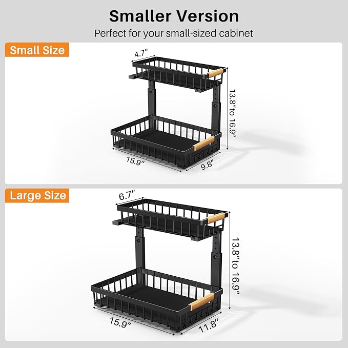 PXRACK Under Sink Organizer, Adjustable Height, 2 Tier Pull Out Under Cabinet Organizer, Slide Out Thickened Metal Under Sink Storage for Kitchen Bathroom Laundry Pantry Cabinet, Black, Small-2-Pack