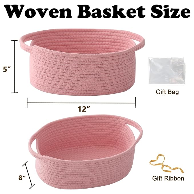 Pink Woven Rope Basket - Baby Gift Basket with Bag & Ribbon | Cotton rope with handle, 12x8x5 in, gift bag and ribbon, for baby shower, birthday, toy storage, nursery, shelf decor