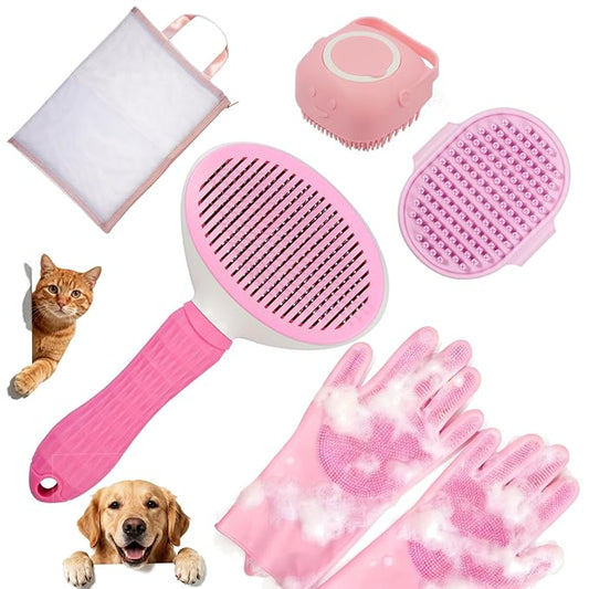 6PCS Pet Bath Grooming Kit for Dogs and Cats, Dog Washing Set with Hair Brush, Shampoo Scrubber, Bath Gloves, Quick Dry Towel & Large Storage Bag, Pink Pet Shower Grooming Supplies