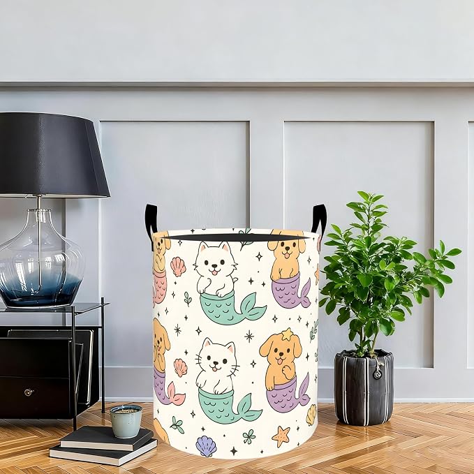 Cute Mermaid Pet Laundry Basket Hamper, Organizer Bins Gifts for Women Kids, Cat Dog Art Foldable Waterproof Clothes Hamper Handles Storage Bucket for Bedroom Bathroom Room Decor 19.7"x15.7"
