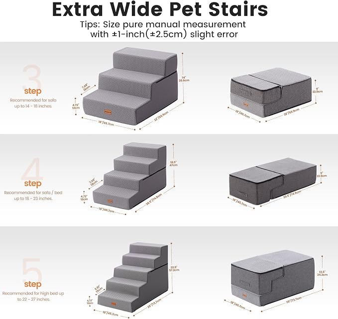 Gardner Pet Dog Stairs for Small Dogs 14" H, 3-Step Extra Wide Dog Steps for Bed, Pet Stairs for Bed and Couch with Durable Non-Slip Waterproof Fabric Cover and Soft Foam, Grey