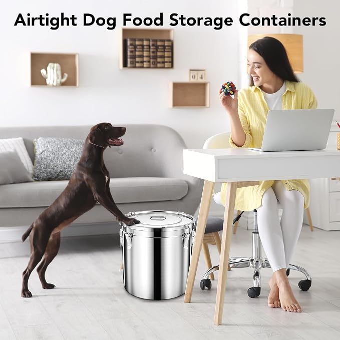 Newget 15lb Airtight Stainless Steel Dog Food Storage Container with Scoop | Large Metal Pet Food Containers Set with Sealed Lid, Metal Lock for Easy Open and Close, Keeps Fresh for Cat / Dog Food