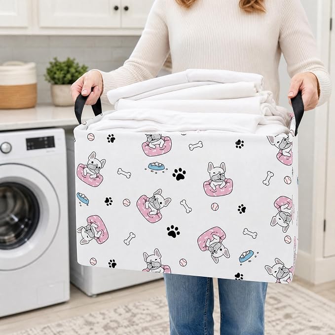 Large Dog Toy Basket Puppy Box Storage Bin (Pink Black) | Holder French Bulldog Stuff Organizer, Room Decor Gifts