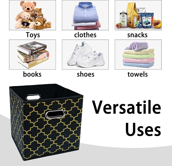 Black Foldable Storage Cubes Bins , Fabric Storage Box Cubes Organizer Baskets with Dual Handles for Home Organizer Black Gold