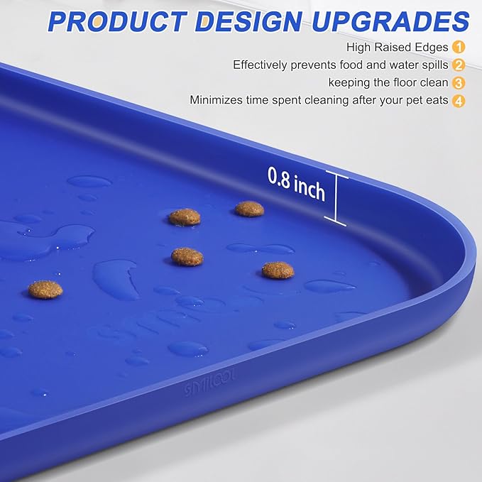 SMILOOL Silicone Pet Feeding Mat with Raised Edge for Food and Water, Dog Bowl Mats, Cat Bowls Placemat with High Lip for Floor Waterproof, Rubber Tray for Cats and Dogs 22 x 14 x0.8 Navy Blue