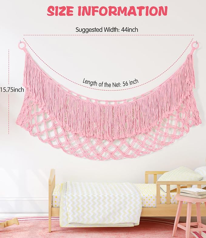 Stuffed Animal Hammock - Extra Large 56'' Long (Light Pink) | Premium Cotton Hand-knitted, Beautiful Long Tassel, Storage Hanging Organizer, Can Fit Stuffed Animals 30 Piece or More