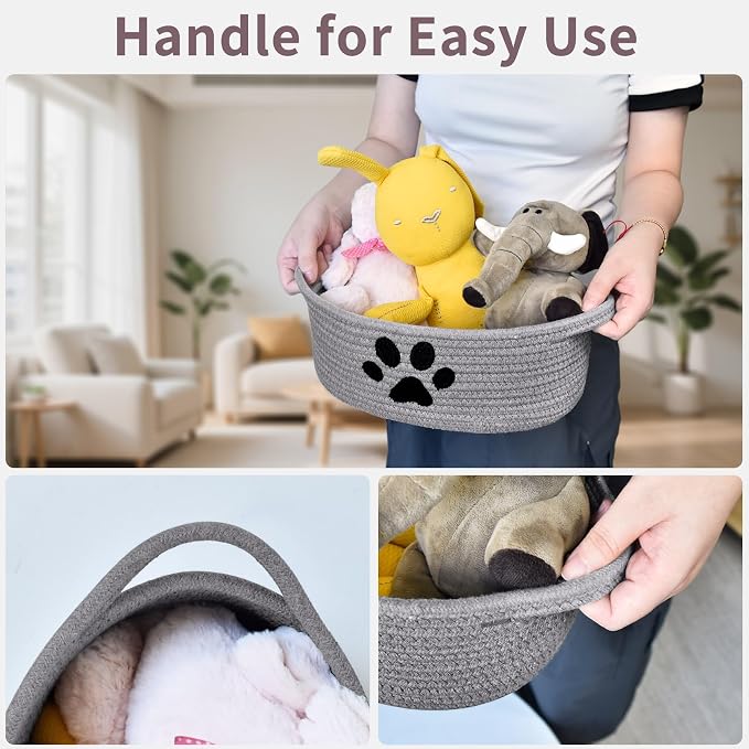 ABenkle Small Woven Basket with Handle, Cute Dog Paw Baskets for Gifts Empty, Decorative Rope Woven Storage Dog Toy Basket, Nursery Baskets for Baby Shower, 12" x 8" x 5"