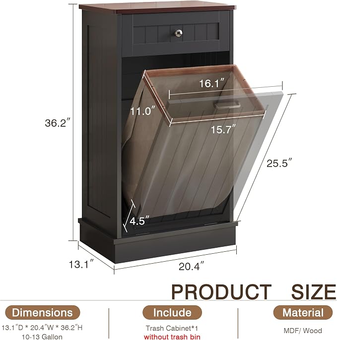 KIGOTY Tilt Out Trash Can Cabinet, Laundry Hamper Cabinet, Kitchen, Black