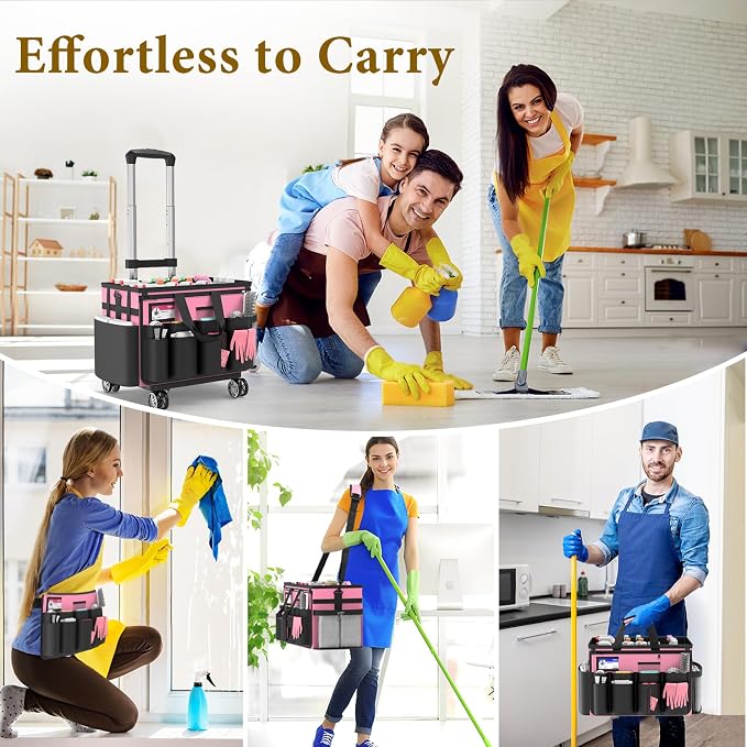 Cleaning Caddy with Wheels - Rolling Cleaning Caddy Bag with Detachable Trolley, Cleaning Caddy for Cleaning Supplies, Cleaning Bag for Housekeeping, Pink