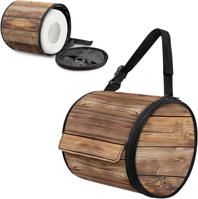 Rustic Wood Grain Paper Towel Holder Water Resistant Tissue Dispenser with Adjustable Strap,Versatile Cylinder Hanging Toilet Paper Roll Holder for Kitchen,Bathroom,Car Seat,Camping