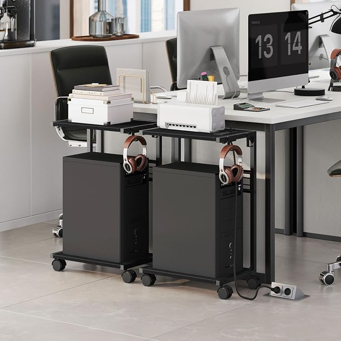 PC Stand, Computer Tower Stand with Charging Station, 16.9" W x 11.4" D x 27.6" H, Computer Cart with Wheels and Hooks, CPU Holder for Carpet, Floor and Under Desk, Easy Assembly, Black