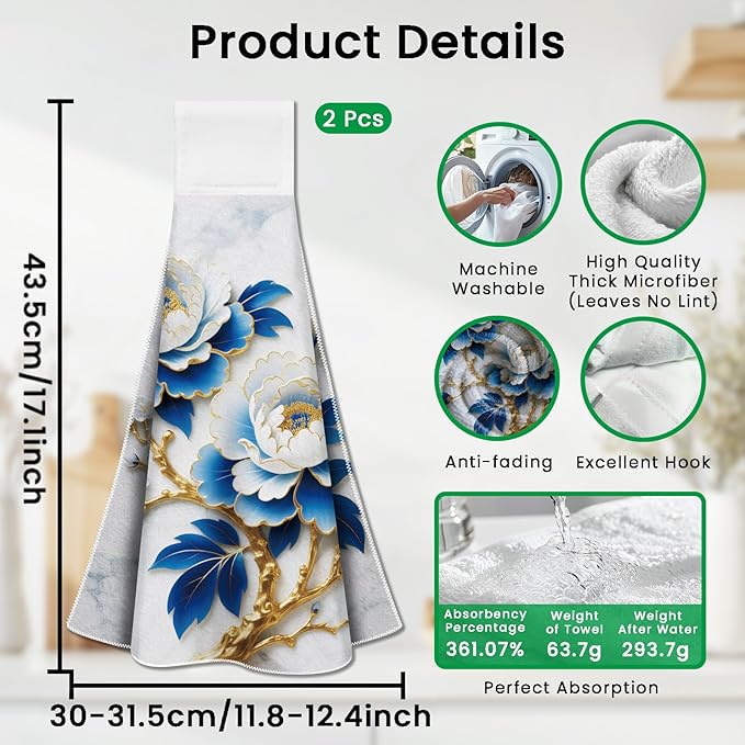 CUTHOLLOW Blue Gold-Edged Peony Hanging Kitchen Towels with Loop, Set of 2 - Soft & Super Absorbent Microfiber Decorative Hanging Dish & Hand Towel, Tea, Coffee Towel for Kitchen Bathroom Oven Handle