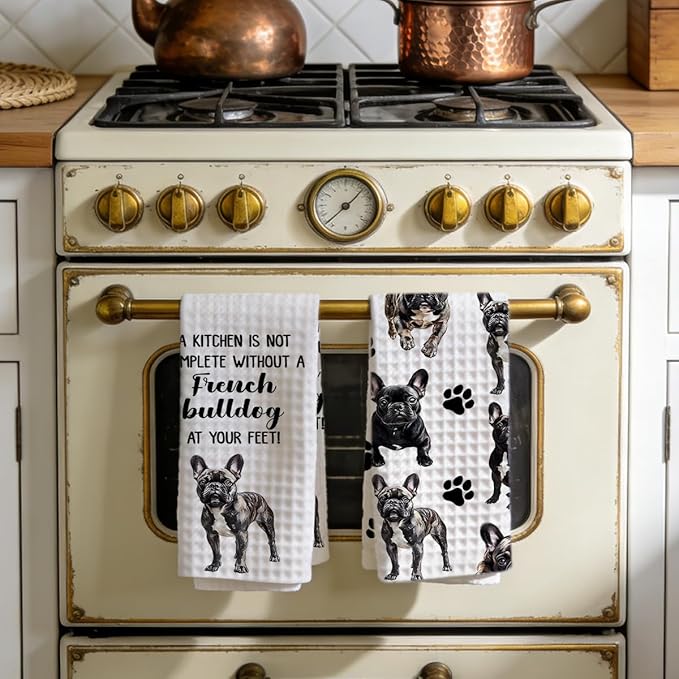French Bulldog Waffle Weave Kitchen Towels, Quick Dry Multipurpose Hand Towels for Bathroom, Absorbent Reusable Cloth Tea Dish Towels for Home Decor, Dog Lover Gift Towel Set of 2