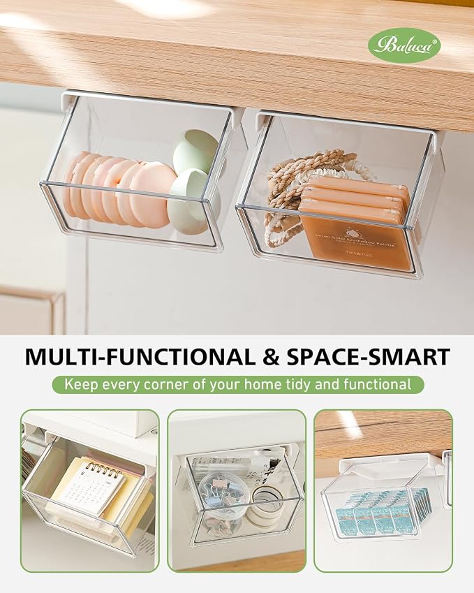 BALUCA Small Clear Stackable Storage Drawers – 33° Angled Acrylic Makeup Organizer for Vanity, Undersink & Kitchen Cabinets | Multi-Purpose Plastic Storage Bins & Drawer Organizer Bins (Small)