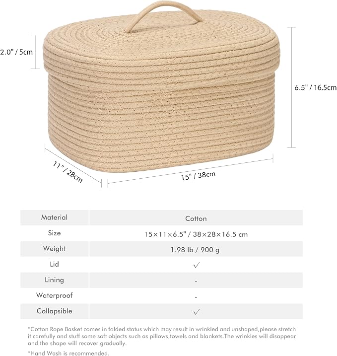 Sea Team Oval Storage Basket, Woven Cotton Rope Basket with Lid, Khaki | Decorative Knitted Storage Bin, Multi-Purpose Lidded Organizer for Closet Shelves, Nursery and Household Storage