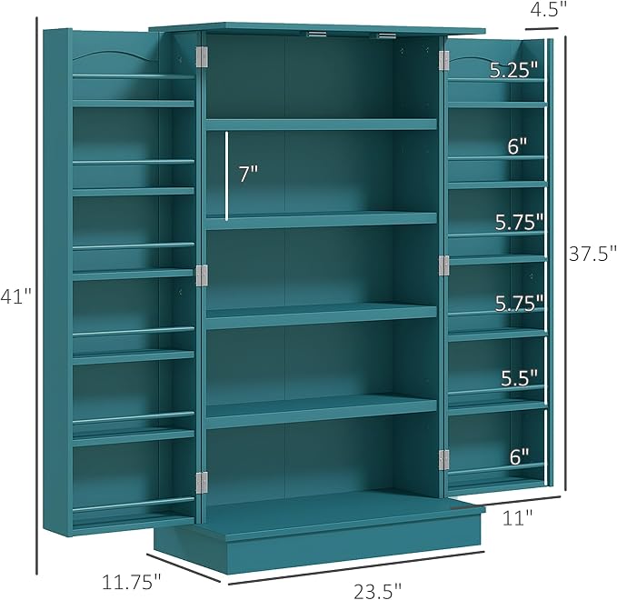 HOMCOM 41" Kitchen Pantry Storage Cabinet 12 Door Shelves Double Doors Blue | Freestanding Kitchen Cabinet, 2 Doors, 5-Tier Shelving, Adjustable Shelves