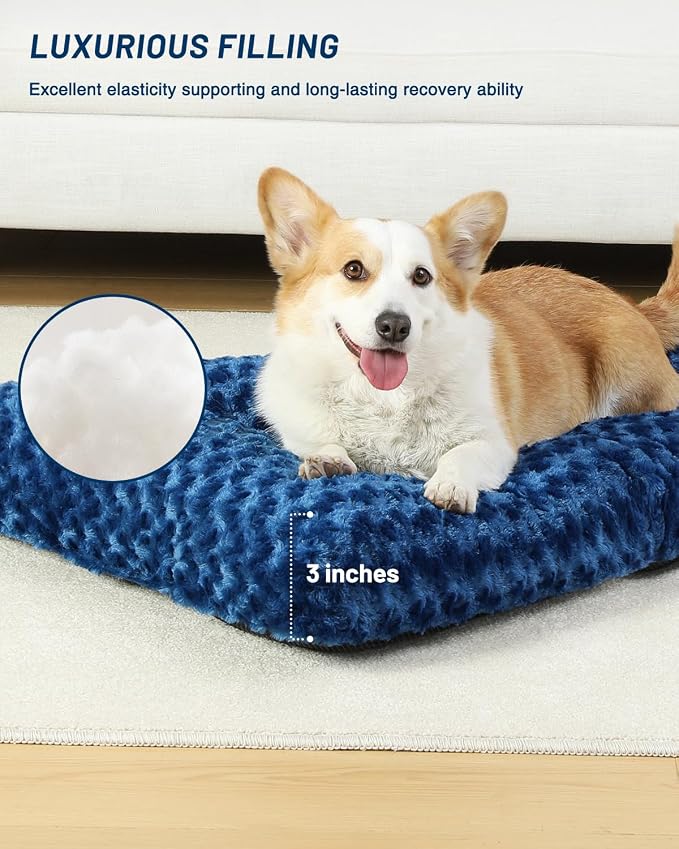 KSIIA Washable Dog Bed Medium Size Dog Crate Bed Plush Pet Mat 29"x21" Blue | Deluxe Plush Comfy Kennel Pad, Anti-Slip Bottom,Deep Sleeping Mat for Medium Dogs,Machine Washable for Easy Cleaning
